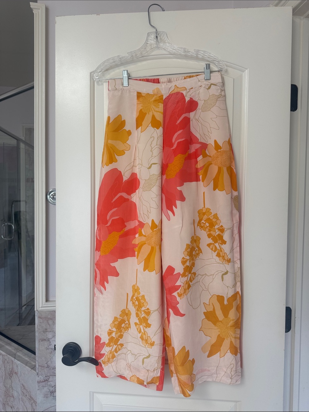 Cream Silk Floral Palazzo Pants 
Pink & Yellow with soft satin lining